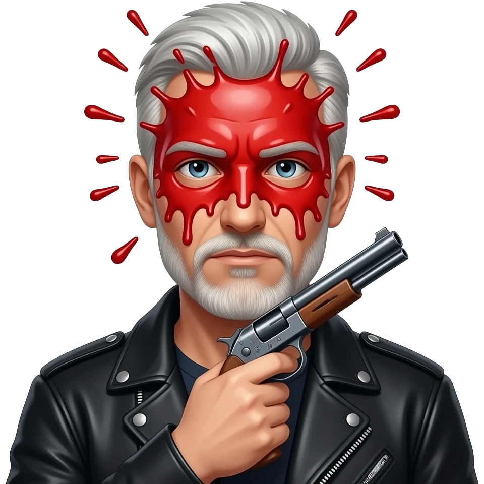 A white guy with a black jacket, his head is completely gone and replaced with a red liquid explosion completely covering his face, head, hair, mouth, eyes, nose, ears, and skin, with a shotgun pointed up under his chin emoji