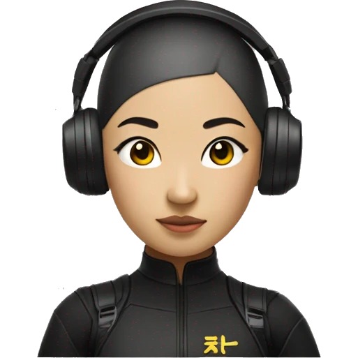 Buzz cut asian girl with buzzcut with all black ninja outfit with drone headset on TOP of head, not over eyes emoji