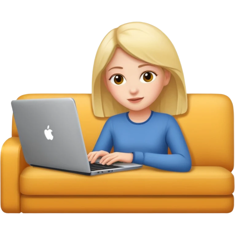 A girl is working with a laptop while lying horizontal on the sofa emoji