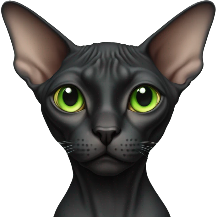 
a female black Sphynx cat without a mustache and with green eyes and stern eyes emoji