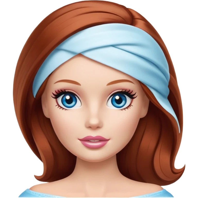 A Barbie face blue eyes with shoulder-length reddish brown hair, makeup with a cream mask on her on her head emoji