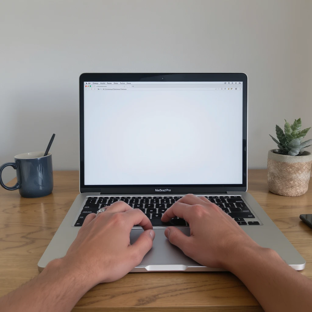 POV shot, Man writing on macbook pro keyboard, minimalistic environment emoji