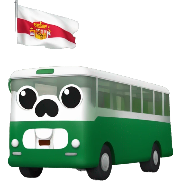 Autobus de color verde oscuro con tonos blancos y una bandera de españa pegada emoji