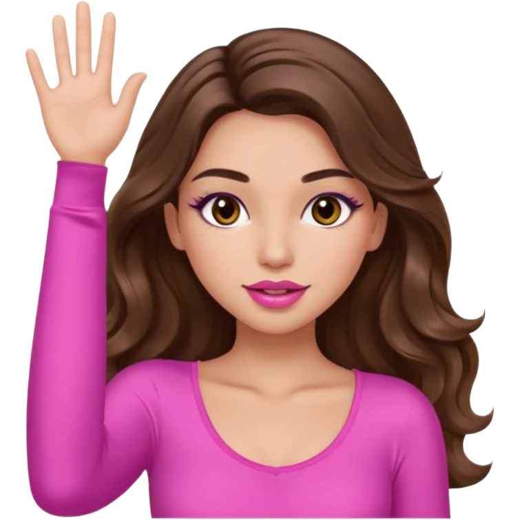 girl with long wavy brown hair, brown eyes, long lashes makeup, sexy pink lips, light to medium complexion, wearing a pink sexy top, one hand in the air high emoji