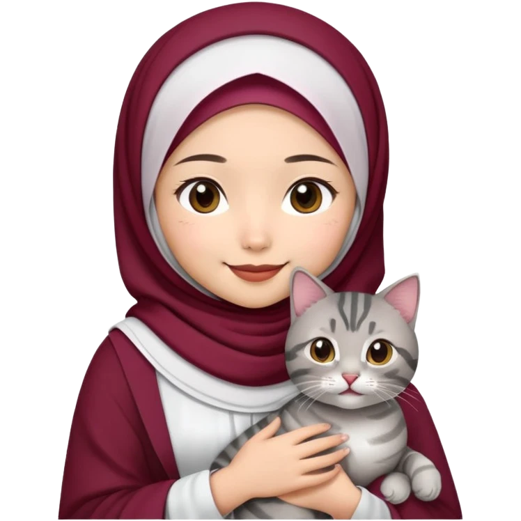 Asian White girl wearing maroon hijab wearing a white dress holding a black grey tabby cat while smiling.  emoji