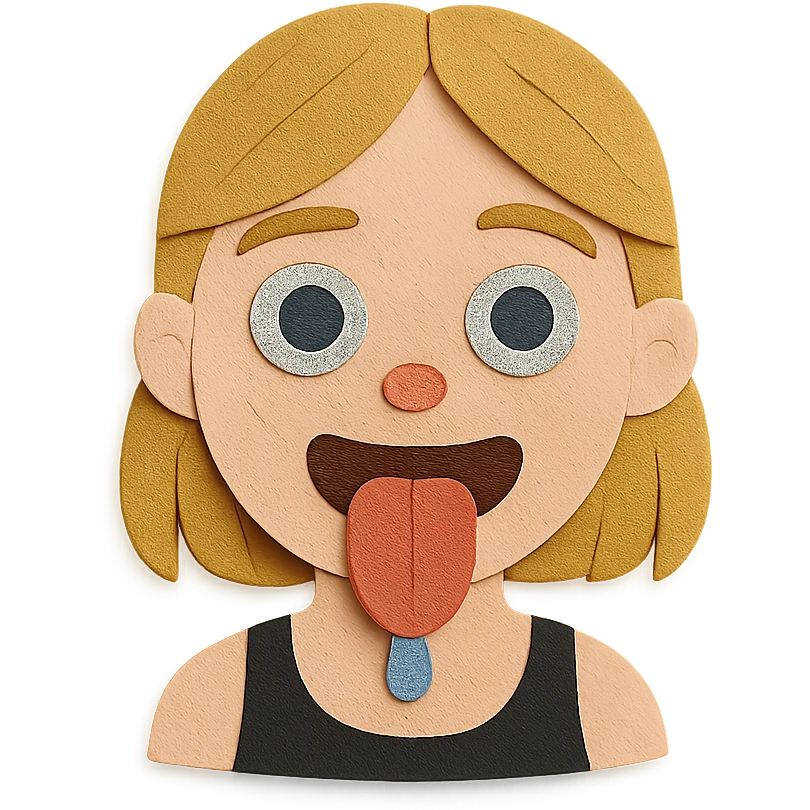 dirty blonde girl with blueish green eyes, black tank top, sticking tongue out and drooling emoji