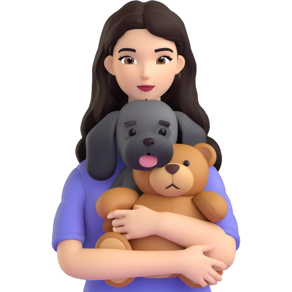 Kendall Jenner with long dark hair, holds a brown teddy bear and a black schnauzer emoji