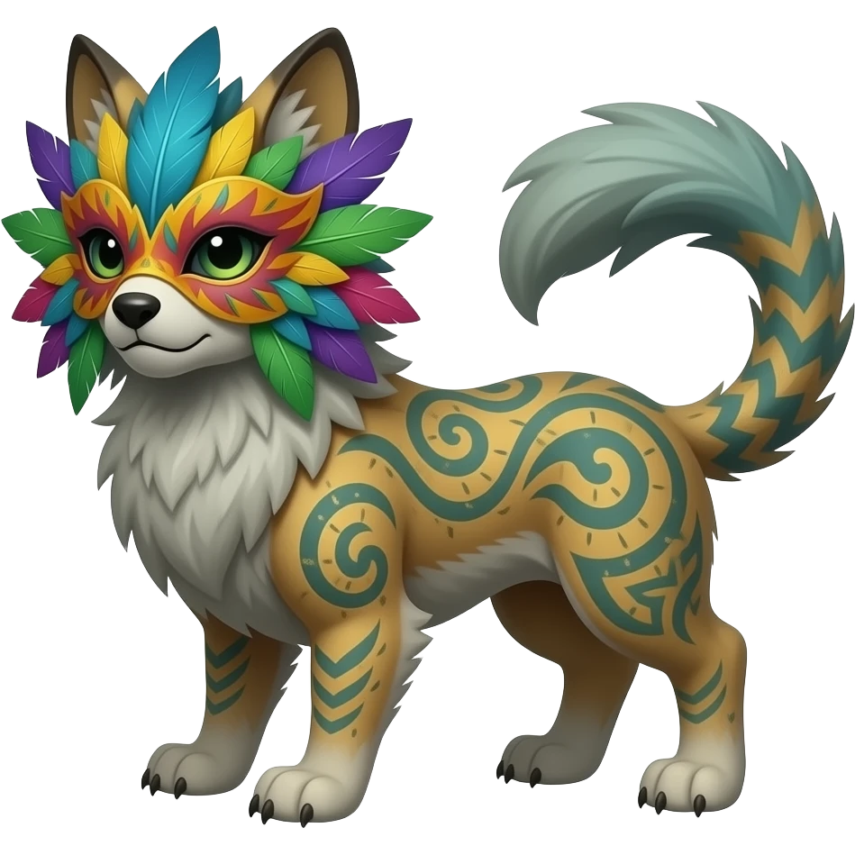 Tropical colorful feathered-masked gloomy foggy eldritch beautiful realistic edgy fantasy vernid-sergal-fursona animal creature full body with intricate markings emoji
