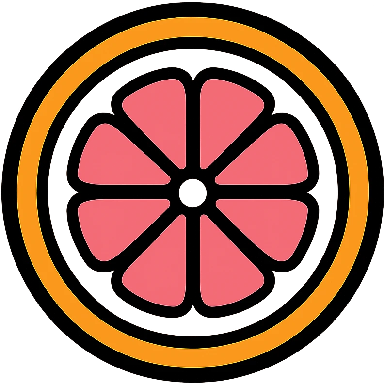Edit the grapefruit icon to have an orange peel and pink inside. Keep the circular shape with a medium black border. The inside of the circle should have a white background, and the outside should be transparent. No sky or outdoor elements. Use color outline icon style. emoji