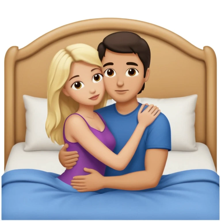 Naked man, dark Hair, kissing naked blonde Woman, bed,  emoji