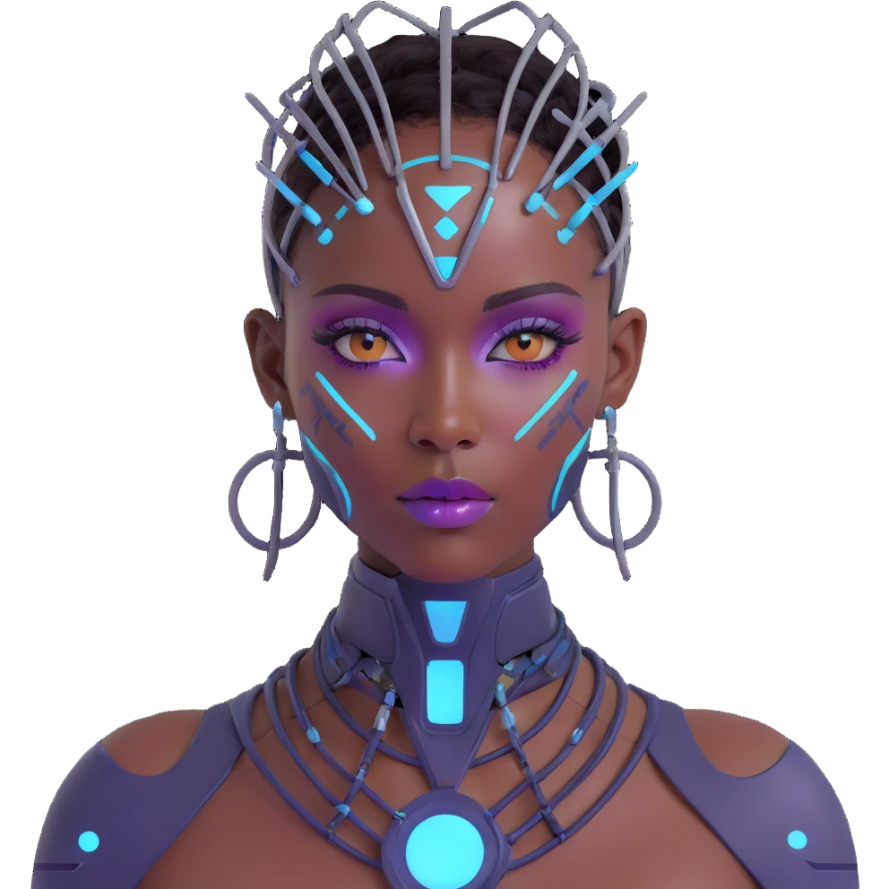 Futuristic African woman with cybernetic enhancements, holographic makeup, techno-tribal aesthetics, and neon lighting emoji