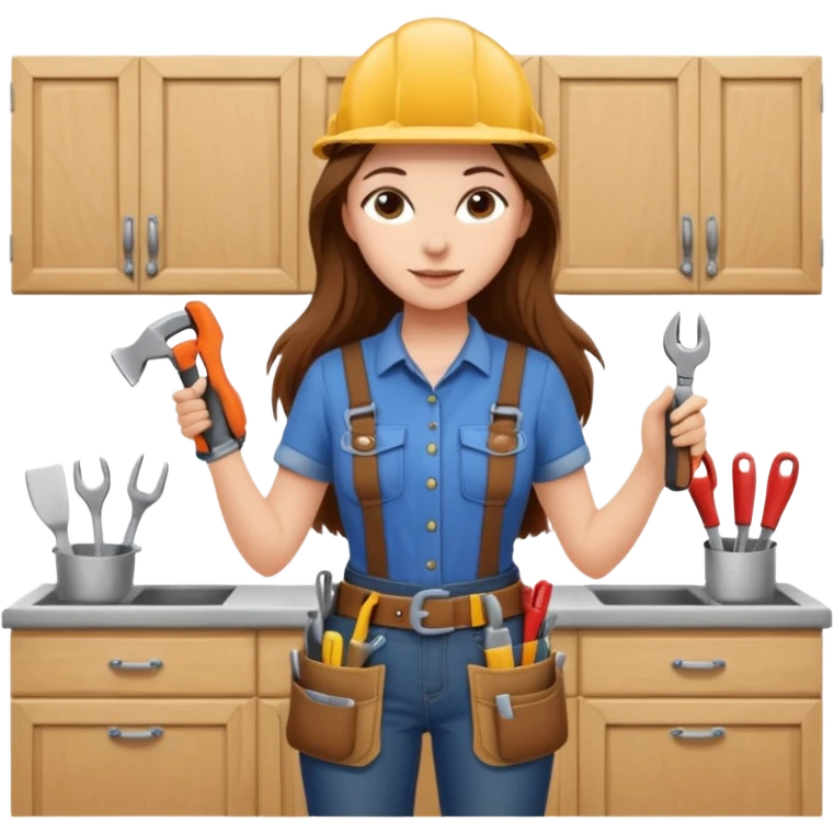 beautiful girl with long brown hair constructing new kitchen cabinets emoji