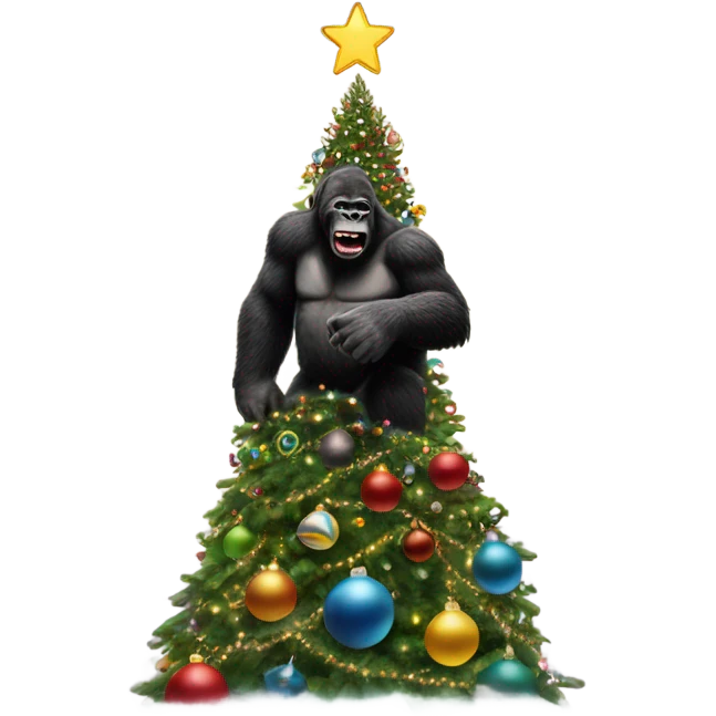 Christmas tree with King Kong climbing it like the skyscraper emoji