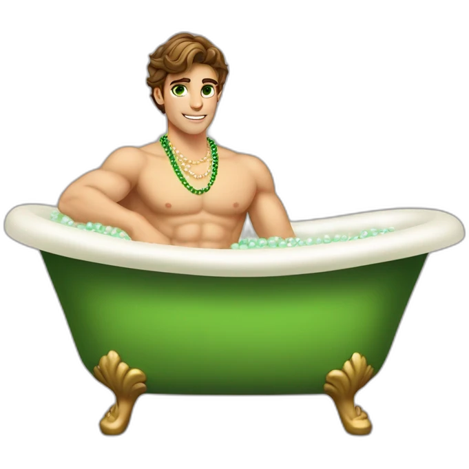 Posh-muscle-boy-brown-hair-green-eyes-pearl-necklace-in-golden-bathtub-legs emoji