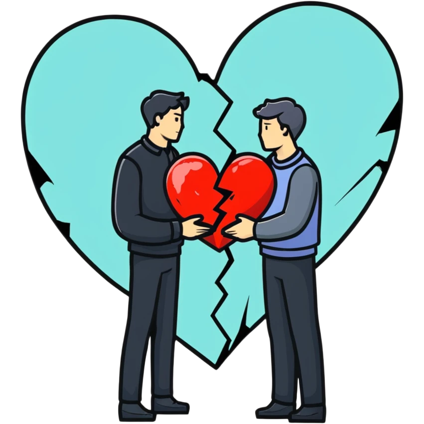 two men gay couple breaking up with a large shattered heart between them emoji