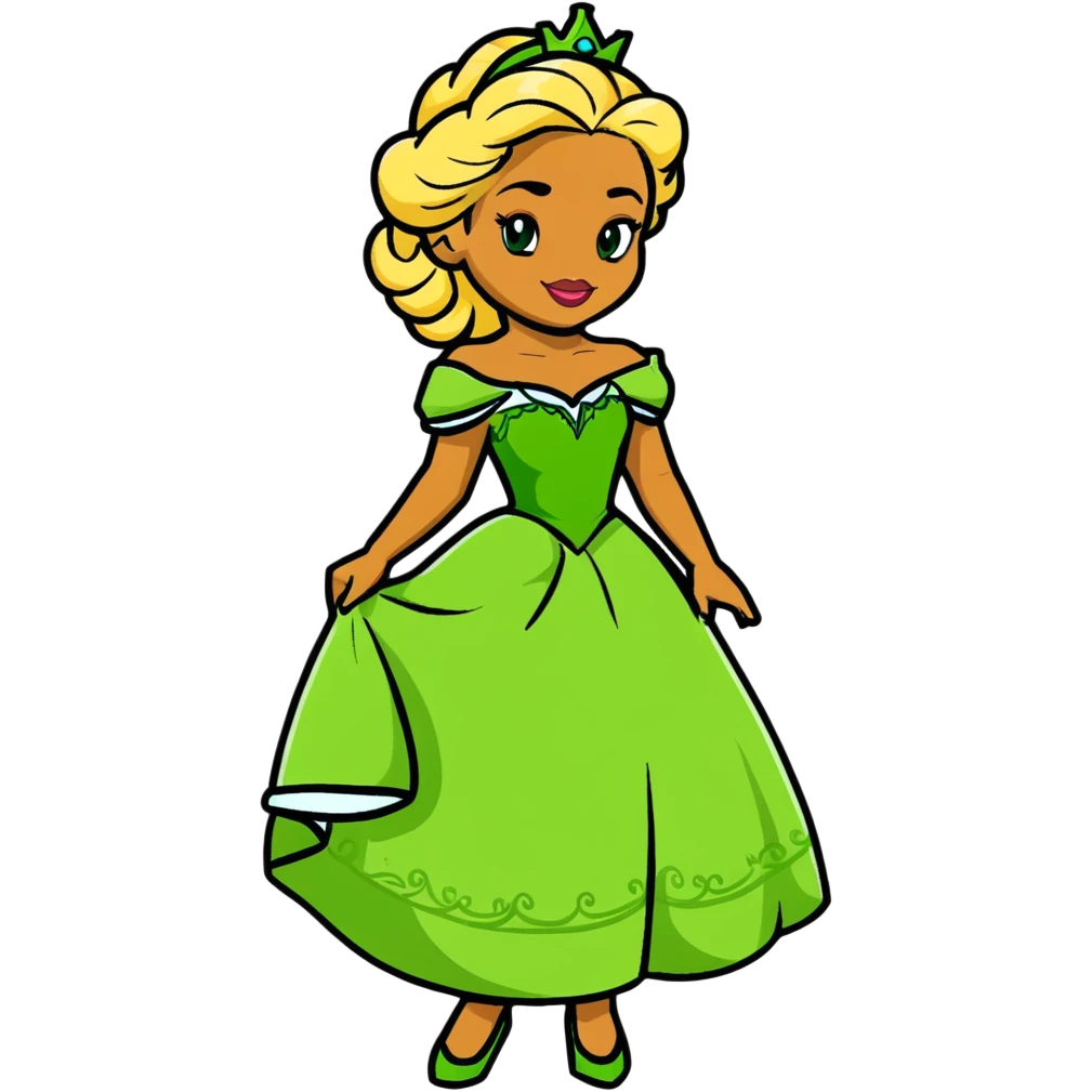 Disney Princess Tiana with super long blonde curly hair, green princess dress emoji