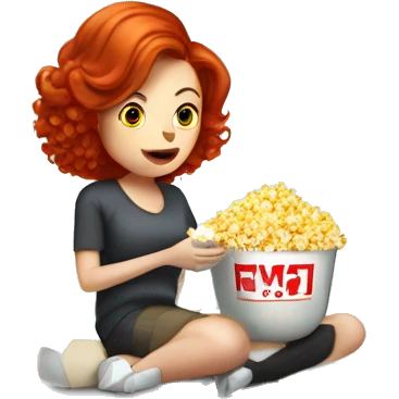 A redhead lady eating popcorn sitting down watching a robot vacuum  emoji