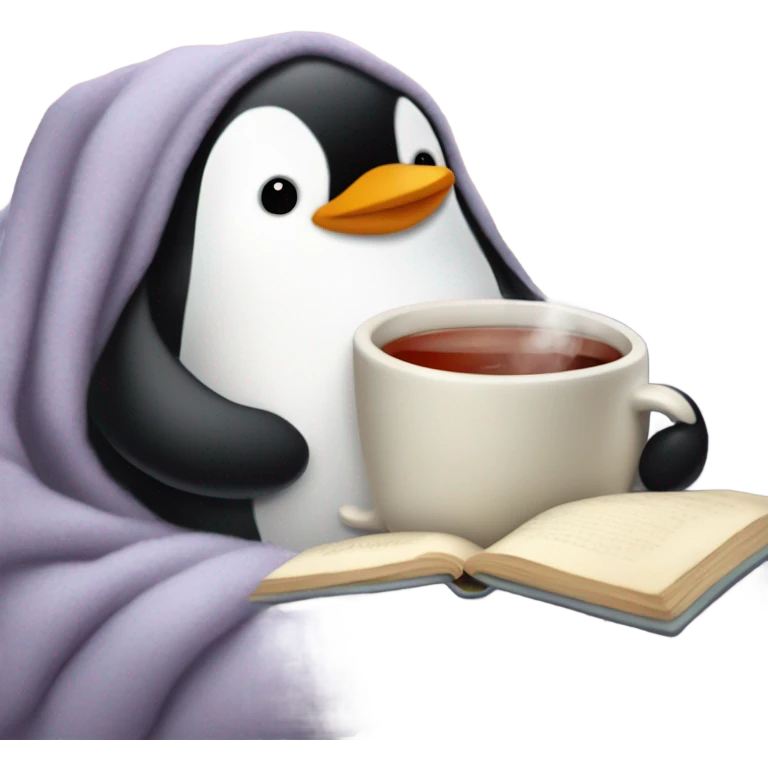 cozy penguin in bed with tea emoji