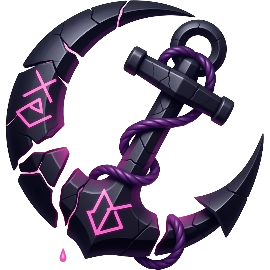 „blackened crescent‑moon fused with a jagged anchor, cracked runic engravings glowing violet, thin pink curse‑energy leaking like burning veins, soft moonlight catching the cracks, drifting shadow‑mist, ultra‑detailed, black‑violet‑pink palette, no characters“ emoji
