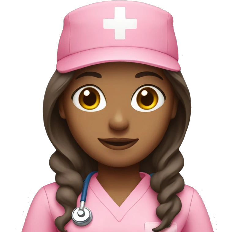 Nurse, woman, long brunette hair, pink scrubs emoji