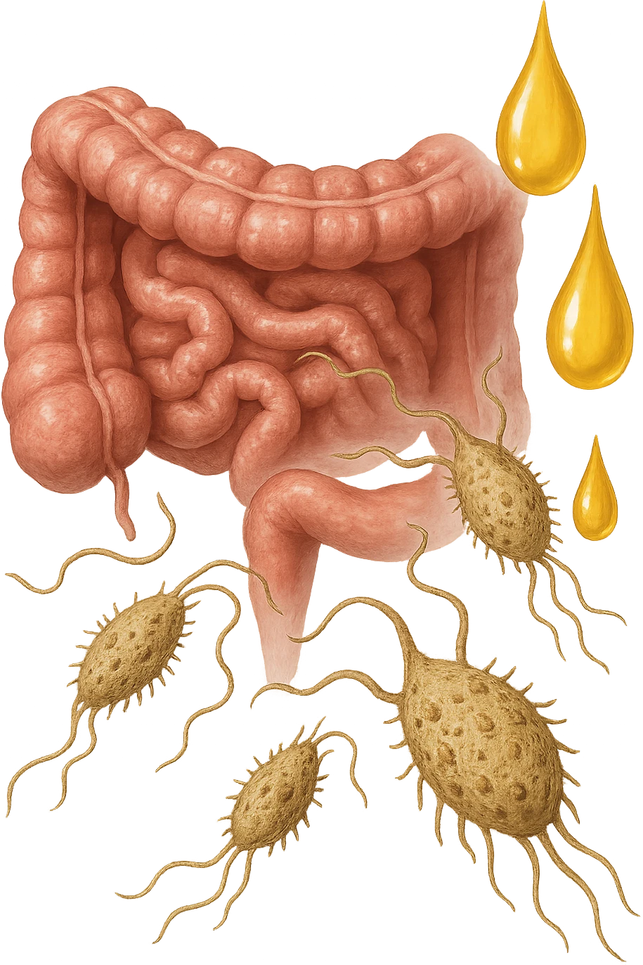 Realistic medical image of microscopic parasites leaving the intestines after taking natural kinesiological drops, symbolizing detox and cleansing. emoji