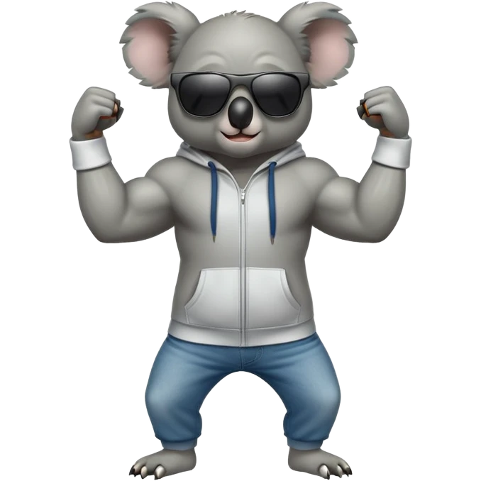 anthropomorphised koala, full body, wearing a hoodie and jeans, dark sunglasses, flexing muscles emoji