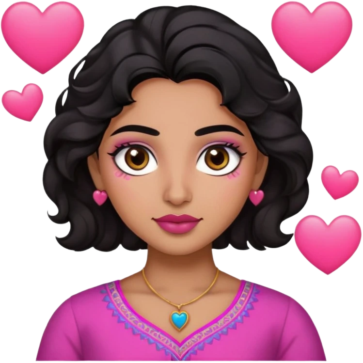 Black wavy hair , dark brown eyes, black brows, olive brown skin tone, pink lips, round eyes, heart shape face  , overall look is indian  emoji