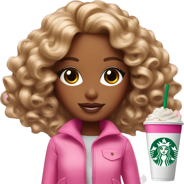 Barbie girl with curly hair holding Pink starbucks refresher emoji