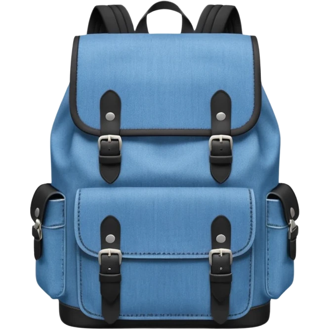 An emoji-style blue denim backpack with a flap top. Two short black buckle straps are attached only at the top flap, do  not extending to the bottom. The front is clean with no pockets or extended straps. The backpack has two side pockets. 


 emoji