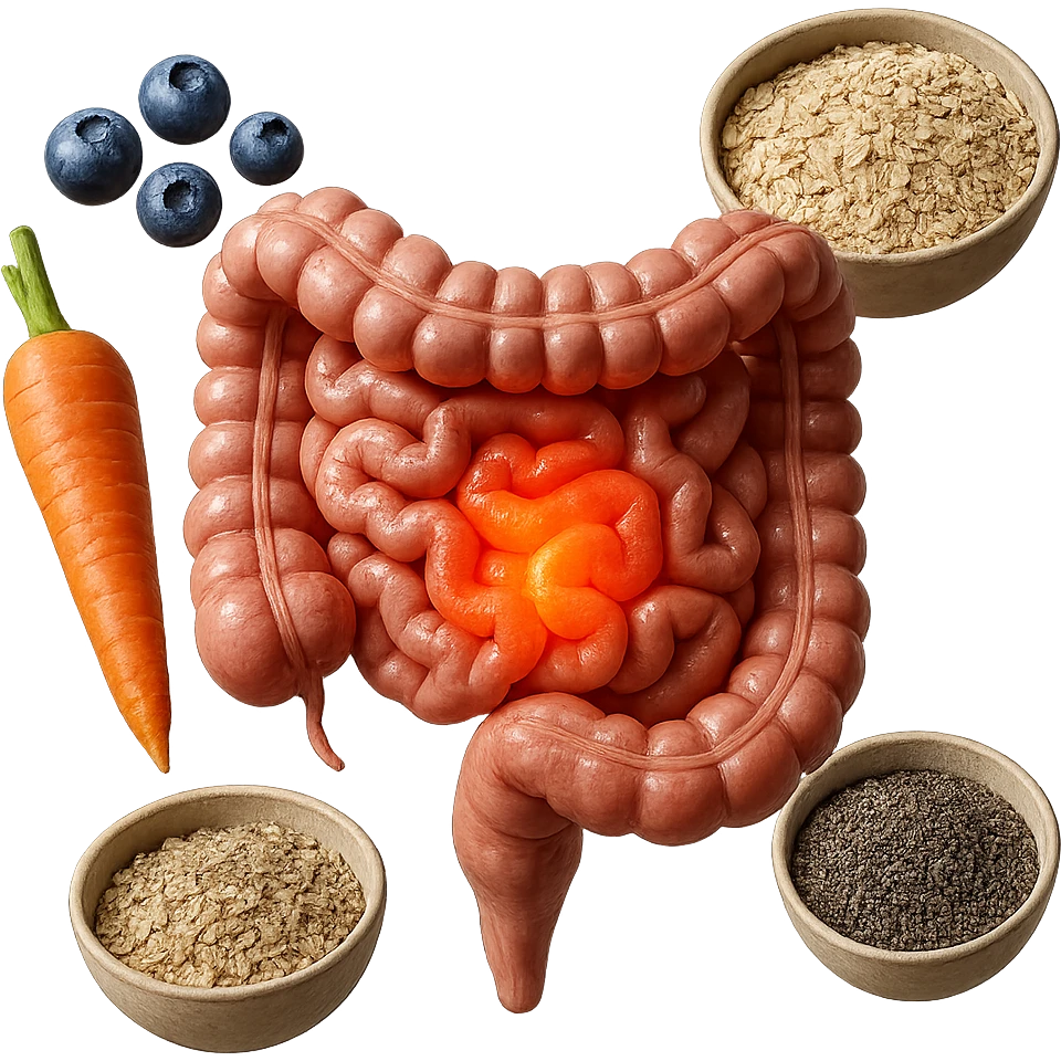 intestino umano anatomico infiammato al centro con carota, bowl di avena, mirtilli, bowl di semi di chia che gli fluttuano intorno , iperrealistico 4k emoji