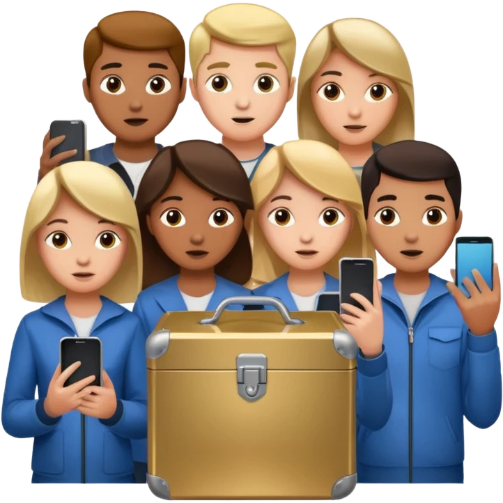 Students handing over their phones to a box emoji