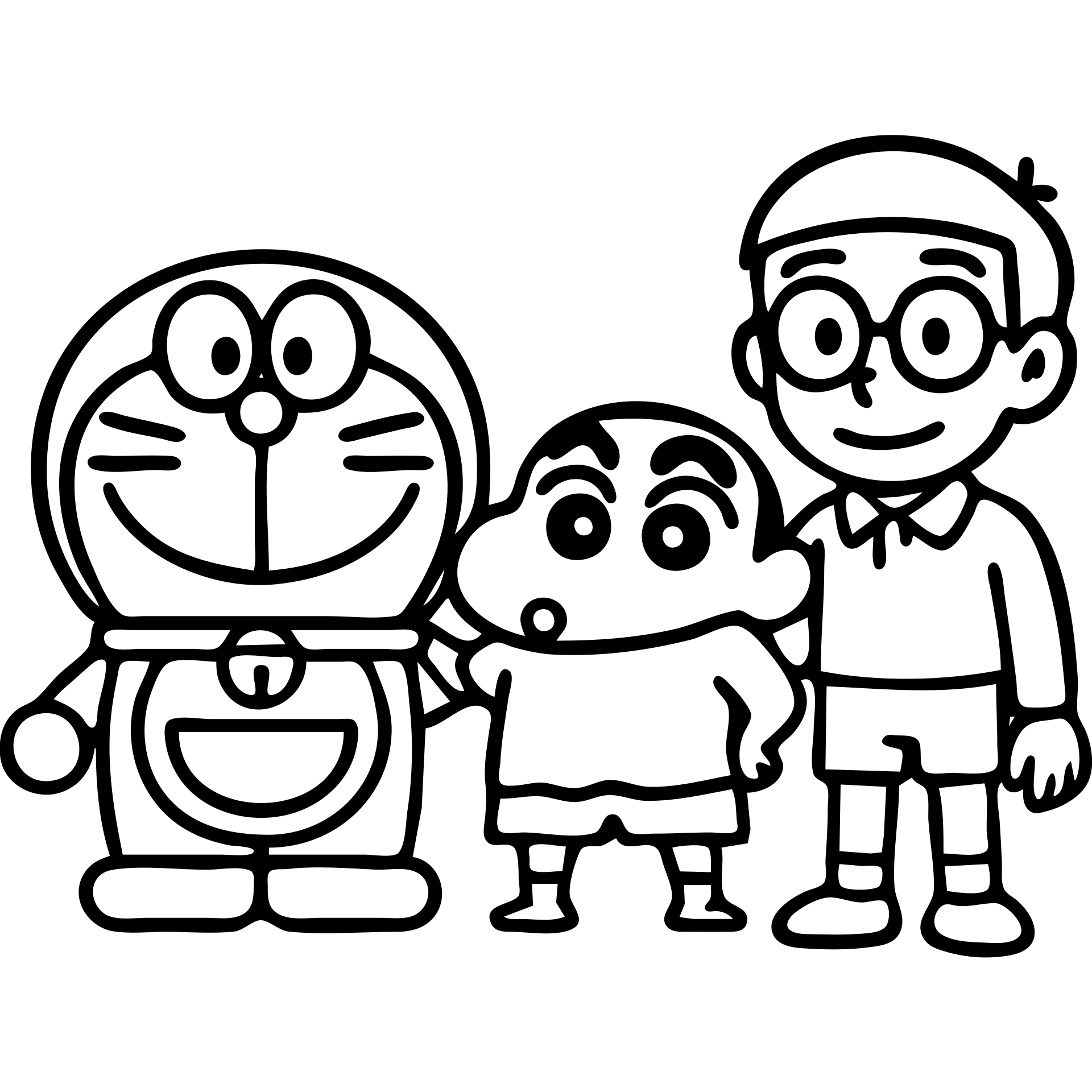 Add Nobita to the group with Doraemon and Shinchan as a simple and cute outlined icon, no background, minimalistic and clean lines. emoji
