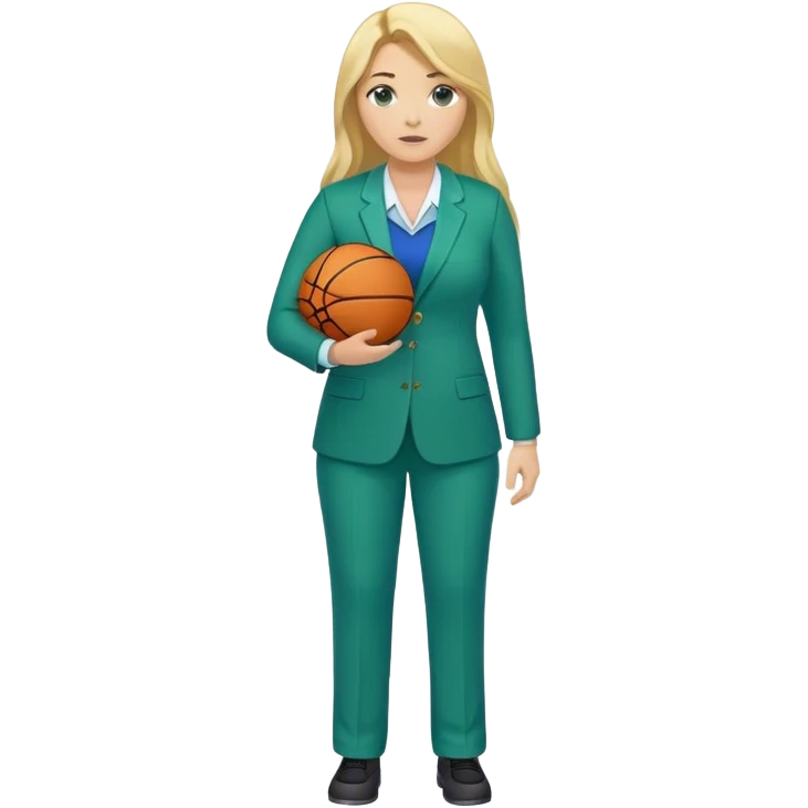 Full Body white plus size female basketball head coach using a clipboard with long blonde hair in a blue and green suit emoji