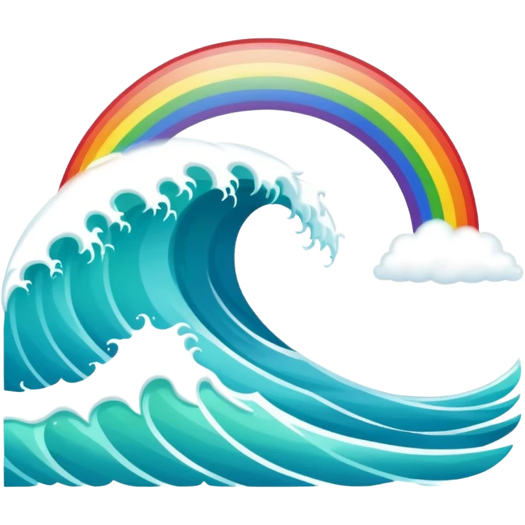 An ocean wave emoji with a rainbow emerging above it, representing peace and positivity after a storm. Minimal, glossy emoji design, vibrant yet calm color scheme. emoji