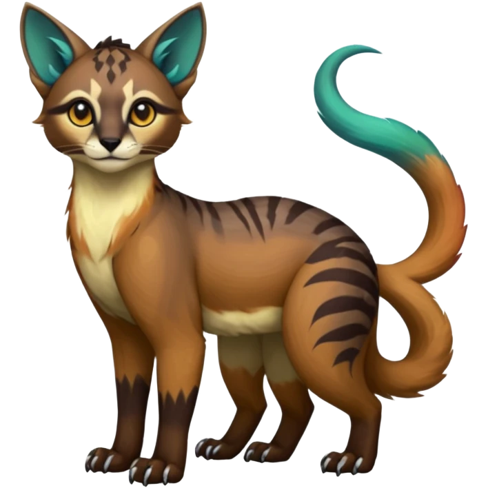 Colorful dark tropical tribal glorious iridescent divine exotic cute cool beautiful beautiful fantasy-caracal-civet-genet-sergal-vernid-Gryphon-Cacomistle-Trico-oncilla-animal-Fakémon-hybrid-fursona (full body) emoji