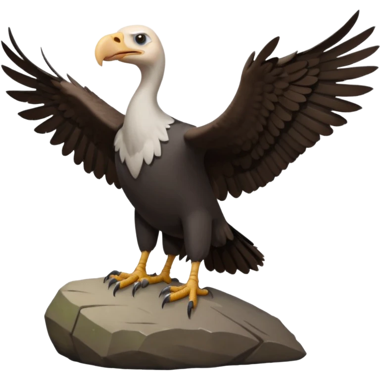 a vulture — large bird with dark brown feathers, bald WHİTE head, curved beak and sharp eyes — standing proudly on a rock — wings slightly open — realistic yet cute cartoon emoji look, clean lighting, soft shadows. emoji