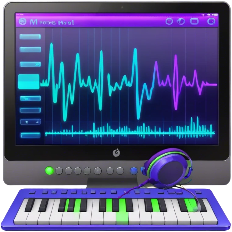 Create a creative and inspiring emoji that represents writing music tracks. The design should feature musical notes, a pen or pencil, and a digital audio workstation (DAW) interface or a computer screen with a visible waveform, symbolizing the process of composing and arranging a track. Add elements like a metronome or a pair of headphones to reflect the recording and editing aspects. Use vibrant colors like electric blue, purple, or neon green to represent creativity and innovation in music production. The background should be transparent. emoji