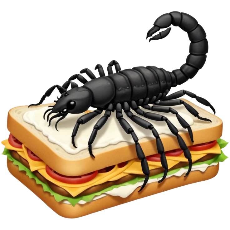 MAKE A SCORPION ON TOP OF A EHITE FLUFFY CLOUD THAT IS HOLDING A SANDWICH IN ITS CLAW AND LOOKING LIKE ITS EATING IT AND ITS NOT ON TOP OF THE SANDWICH ITS HOLDING IT AND NO SANDWICH UNDER ITS FEET emoji