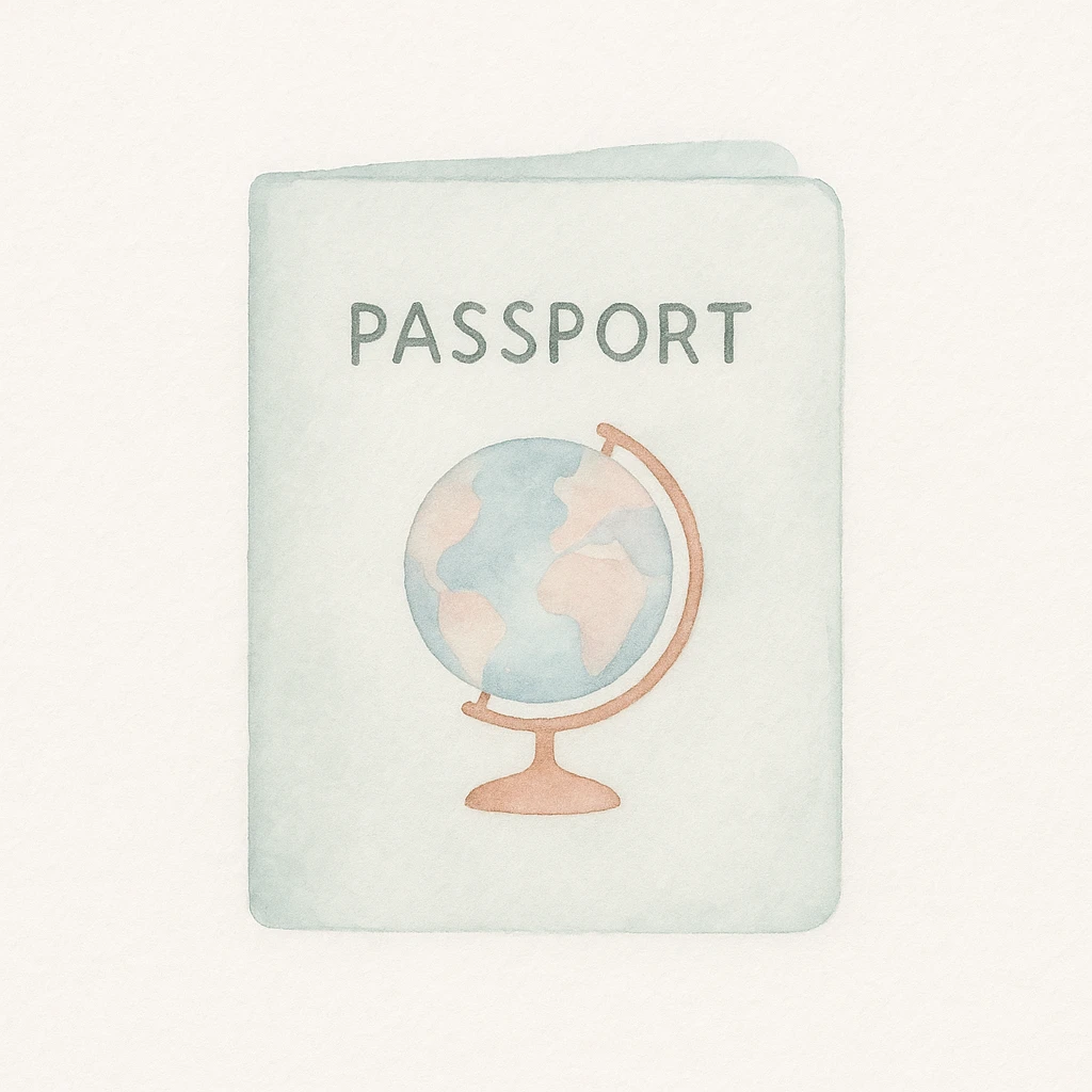soft watercolor illustration in a minimalist modern style, pastel colors, delicate linework, gentle whimsical mood, minimal soft shading, passport emoji