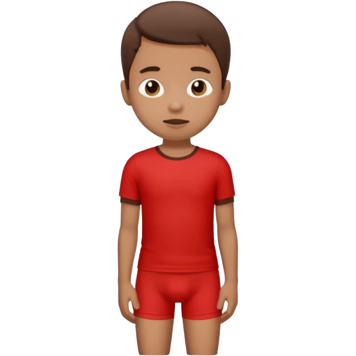 A kid wearing a poopy underwear with a red t-shirt emoji