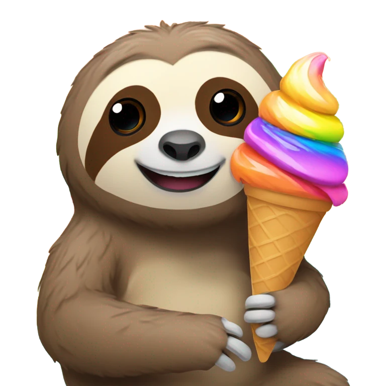 A sloth sitting on a rainbow eating an ice cream cone emoji