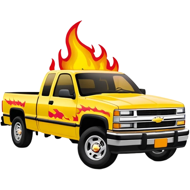 1997 Chevrolet Silverado C-2500 in bright yellow with screen-accurate red flame decal printed on the hood, faithful to Kill Bill movie design, 30-degree angle, iOS emoji style emoji