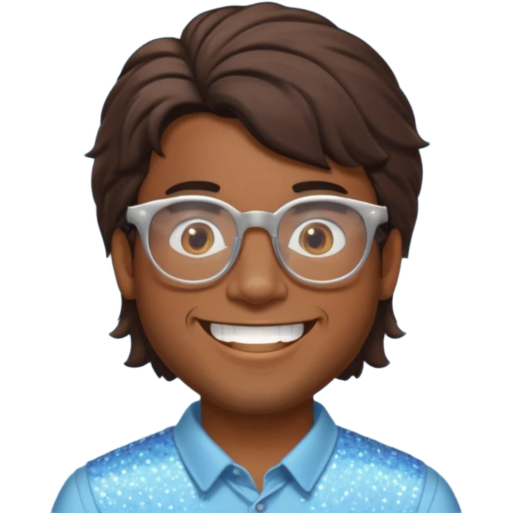 Brown guy with glasses with a whiffed front and puffed mullet, smiling with his teeth together and a sparkle from his teeth emoji