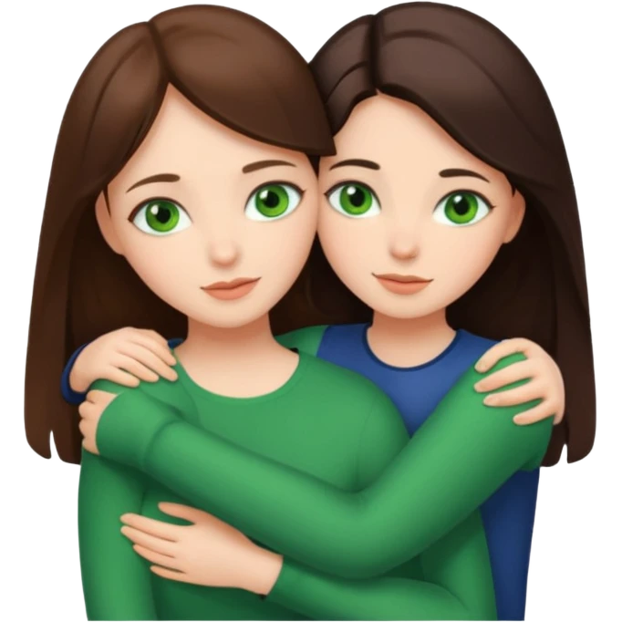 A brunette sister with green eyes and a brunette sister with green eyes in different clothes together hugging emoji