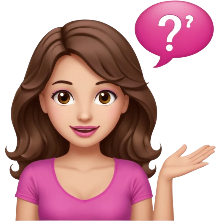 girl with long wavy brown hair, brown eyes, long lashes makeup, sexy pink lips, light to medium complexion, wearing a pink sexy top, shugging, smiling, question mark one speech bubble emoji