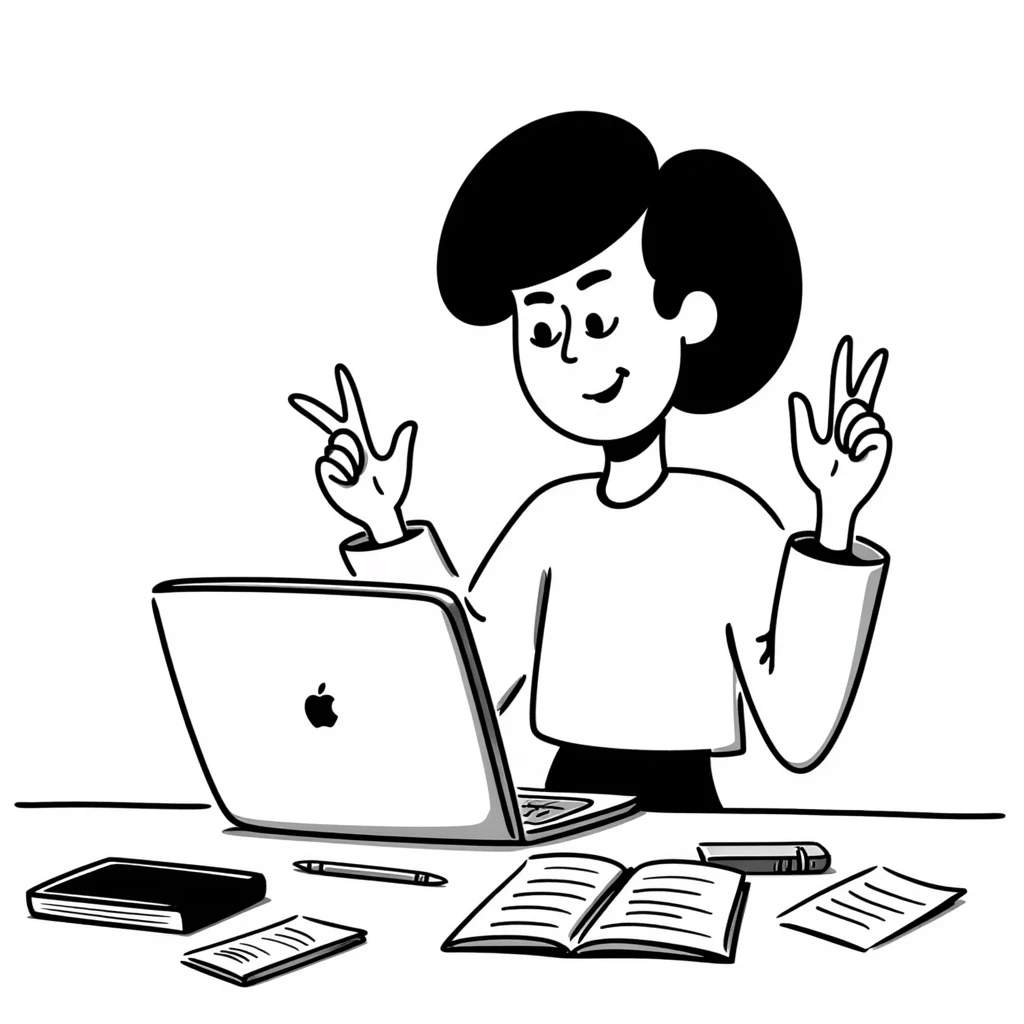 A smiling musician sitting at a desk with a laptop, raising hand during class emoji