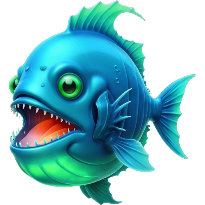 3D render of Anglerfish, bioluminescent deep sea style, glowing neon blue and green lights, dark background to contrast the glow, translucent organic textures, Apple emoji style. emoji