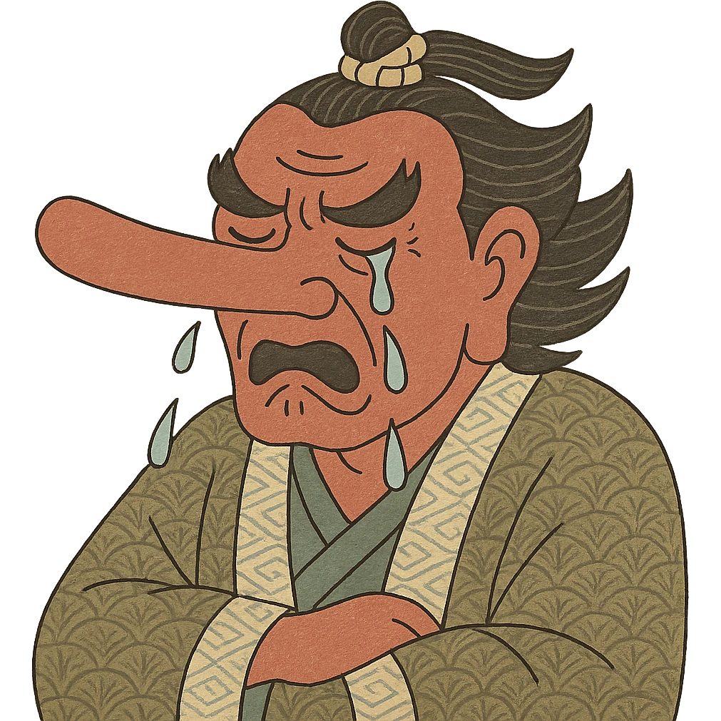 ukiyo-e style tengu with long nose crying, traditional Japanese illustration emoji