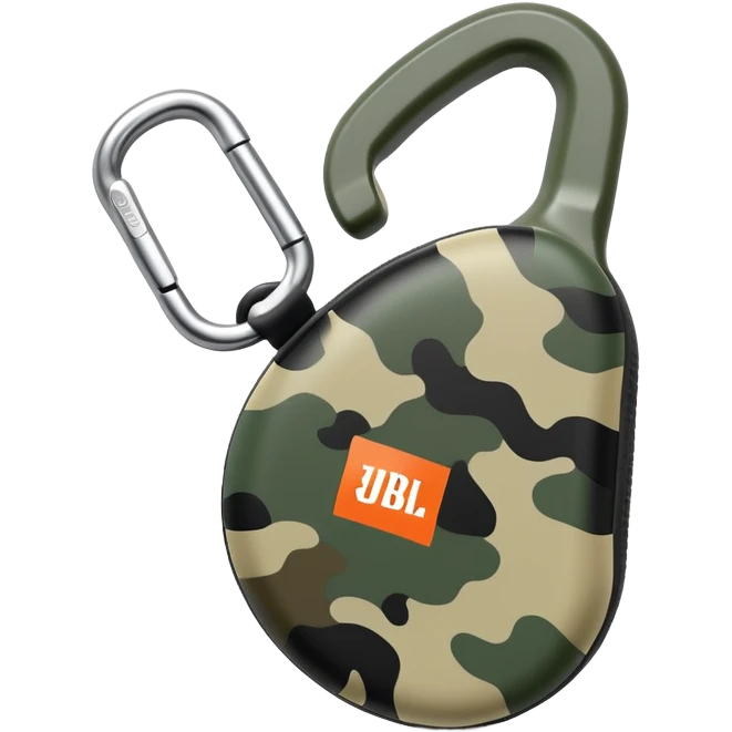 Extremely simplified JBL Clip 4, flat design with subtle camouflage pattern, single carabiner hook, iOS emoji style emoji