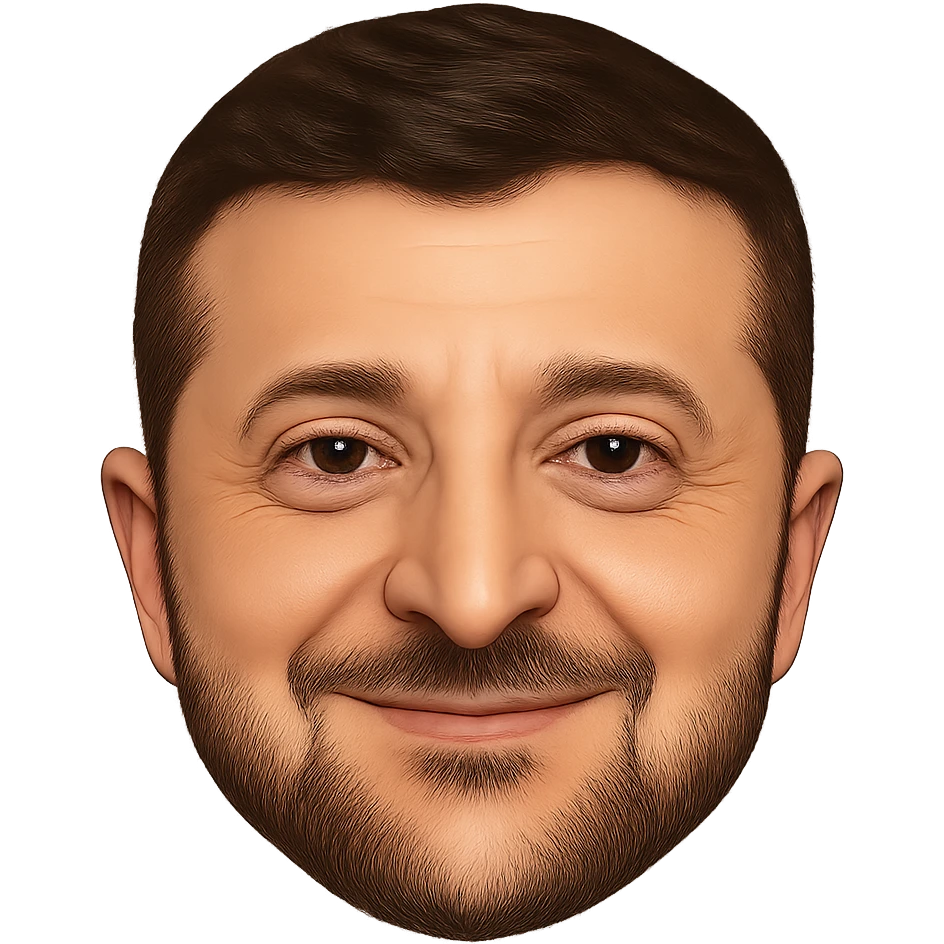 Vladimir Zelensky as an emoji with a round face, close likeness to his real face, detailed hair, beard, and eyes, friendly smile, high quality emoji